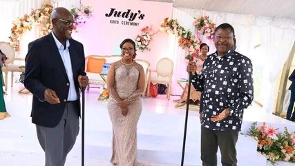 Judge Justice Aggrey Muchelule, his bride Judy Kerich during their traditional 'Koito' ceremony at Kesses in Uasin Gishu County
