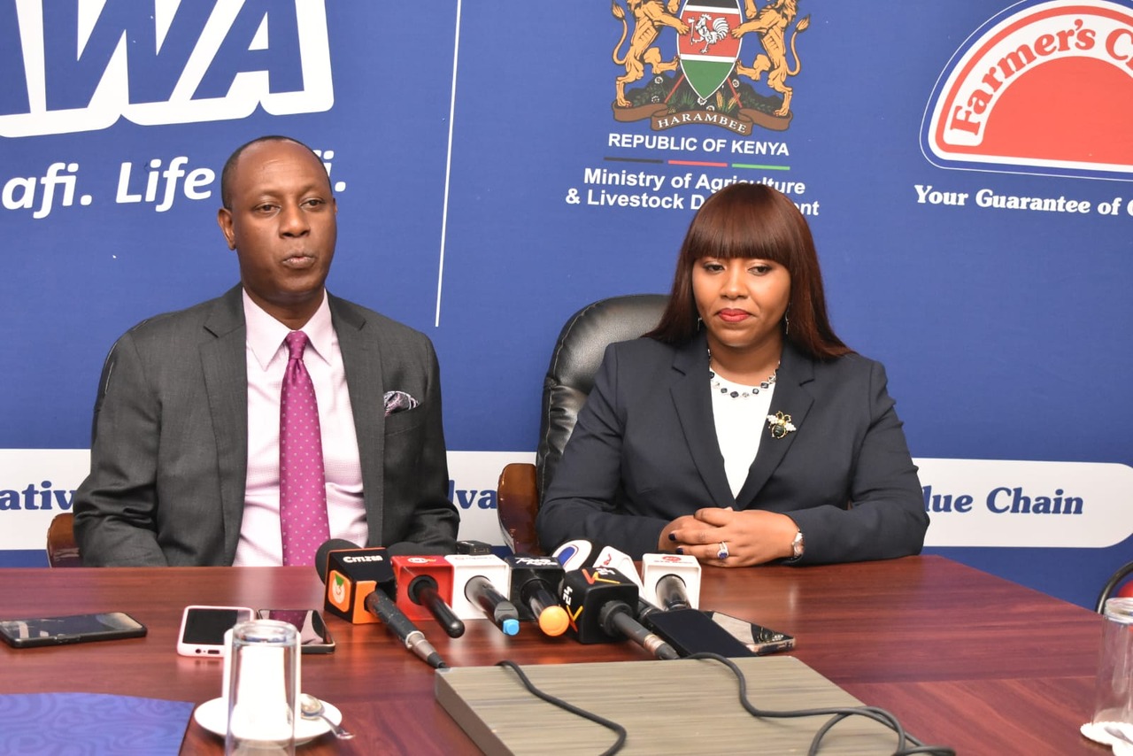 Principal Secretary for Livestock Development Jonathan Mueke (left), and Farmer’s Choice Chief Executive Officer Felisters Gitau during a media briefing at Safari Park Hotel in Nairobi on April 14, 2026.