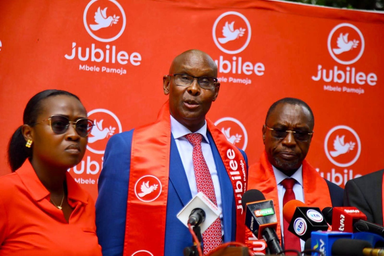 Jubilee Party Secretary General Moitalel Ole Kenta addressing the media flanked by other party officials.