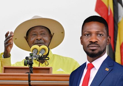 Yoweri Museveni (left) and his perceived main opponent Robert Kyagulanyi popularly known as Bobi Wine