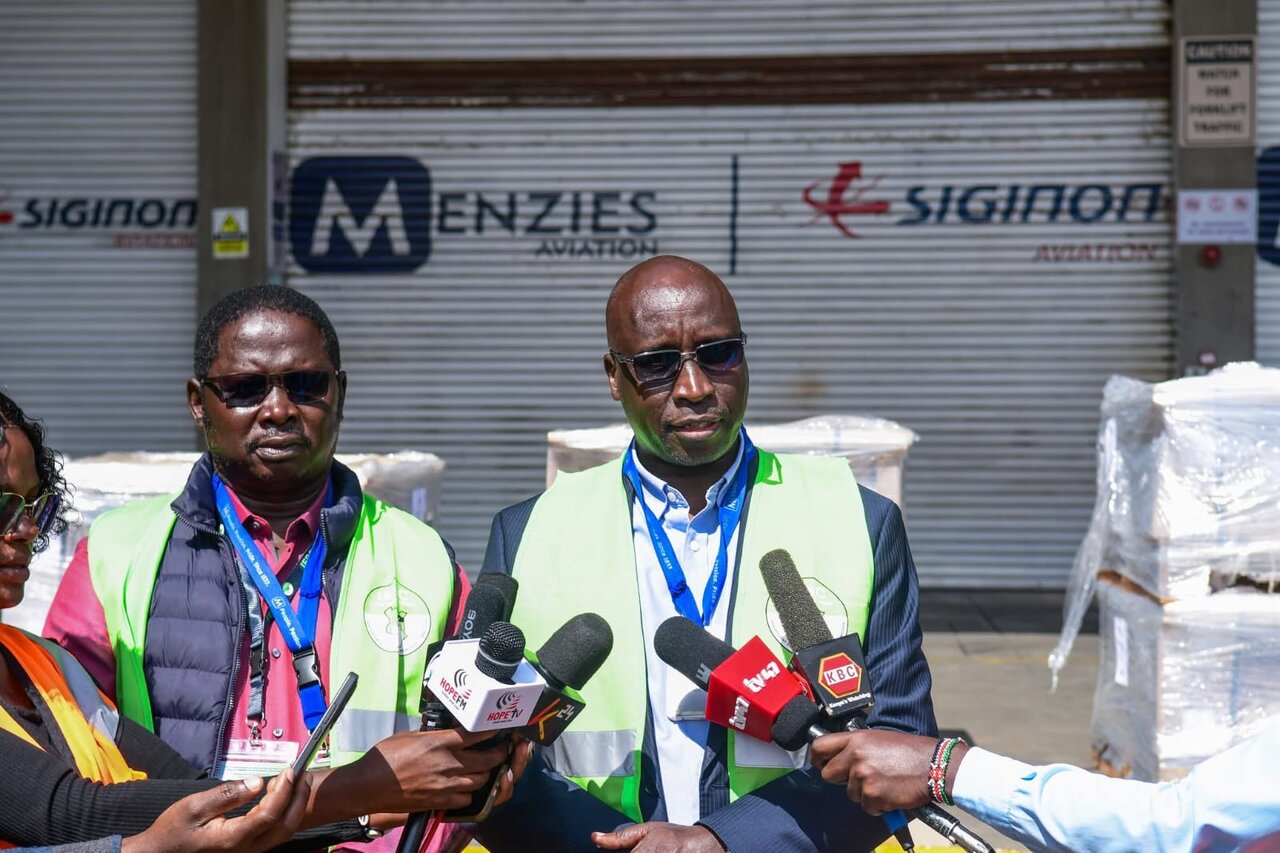 IEBC Deputy Commission Secretary- Support Services Mr Obadiah Keitant (right) addresses the media after receiving consignment of by-elections materials