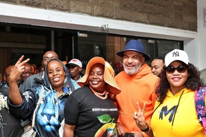 ODM Deputy Party Leader and Mombasa Governor Abdulswamad Nassir with Coast delegates ahead of the Special Delegates Conference at the A.S.K Showground, Nairobi on Friday
