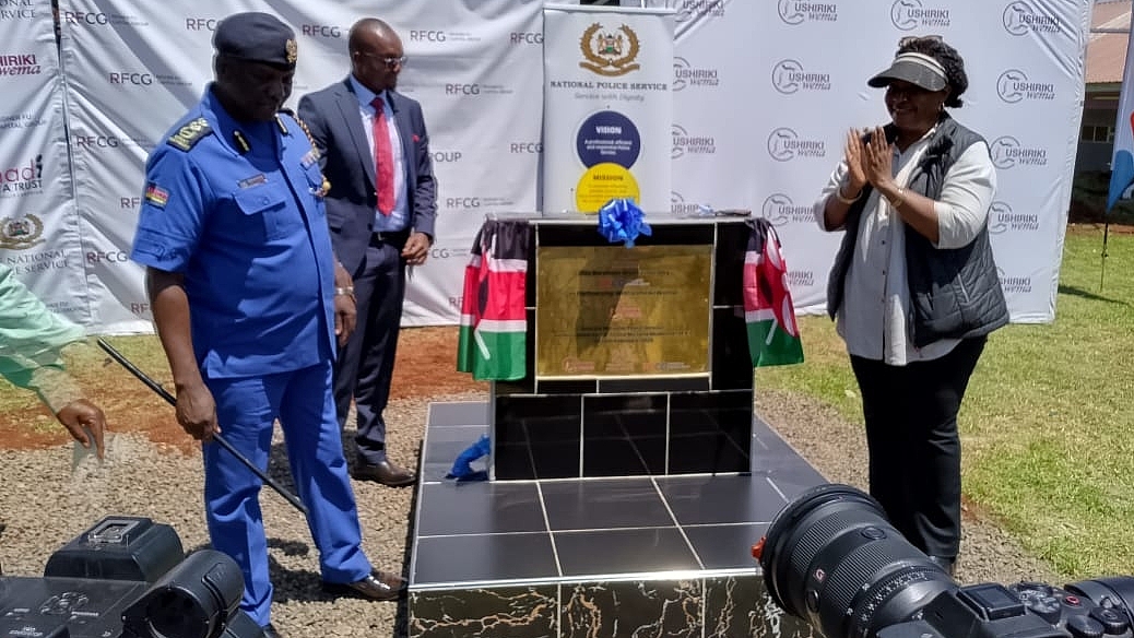 Ms Tessie Musalia, chairperson of Ushirika Wema Foundation and wife to the Prime Cabinet Secretary Musalia Mudavadi handing over a borehole to the National Police College Main Campus Kiganjo in Nyeri County