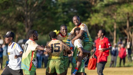 JKUAT Cougars players celebrate after securing a historic 40-9 victory over Homeboyz at the university grounds on April 19, 2026.