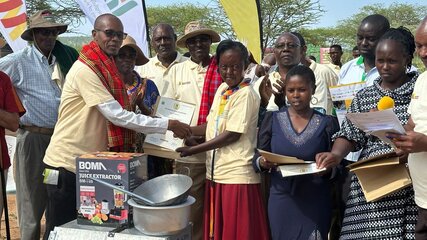 Some of the women who graduated with certificates in artisanry under the Ujuzi Manyattani Vocational Training Programme in Laisamis town, Marsabit County. Here they receive awards from organisers of the programme.