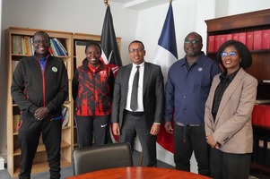 Left to Right: Tennis Kenya officials Lawrence Bullut and Nancy Nduku, Minister Counsellor Hussein S. Muhamad from the Kenyan Embassy in France, Nairobi Club Vice Chairman Micah Wanyama, and Liaison Officer Linet Lokuruka from the Kenya Embassy, pose for a photo in Paris, France on April 15, 2026.