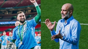 Manchester City coach Pep Guardiola and goalkeeper Gianluigi Donnarumma