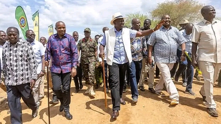 President William Ruto with Deputy President Kithure Kindiki accompanied by other leaders during the Kimalel goat auction in Baringo