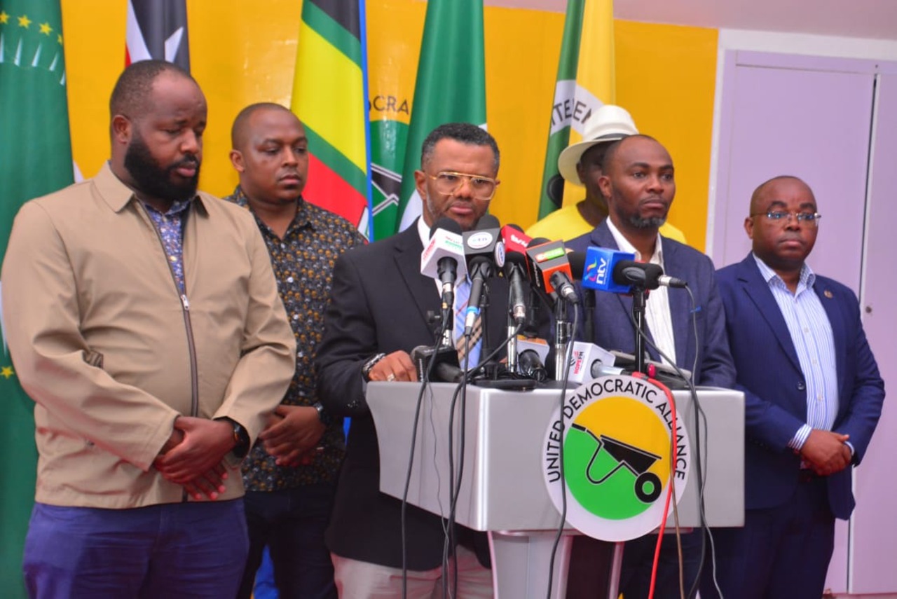 UDA Secretary-General Hassan Omar addressing the media flanked by other officials at the party’s headquarters in Nairobi on April 16, 2026