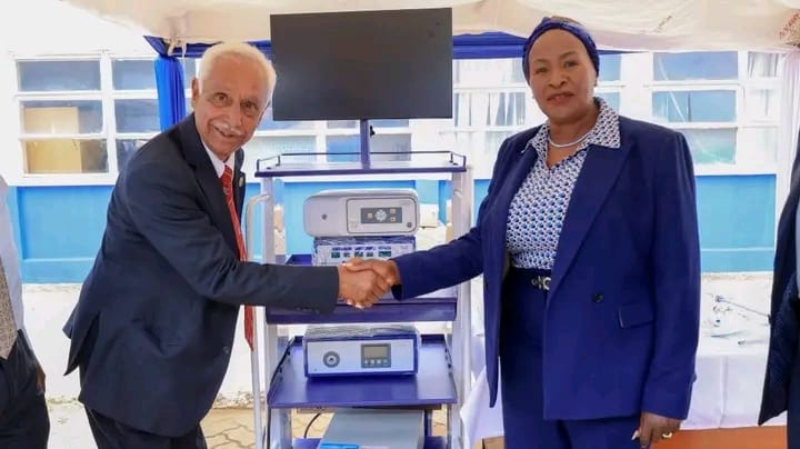 Machakos Governor Wavinya Ndeti congratulates Prof Pankaj Jani after handing over a modern laparoscopy tower on March 17, 2026, at Machakos County Referral Hospital