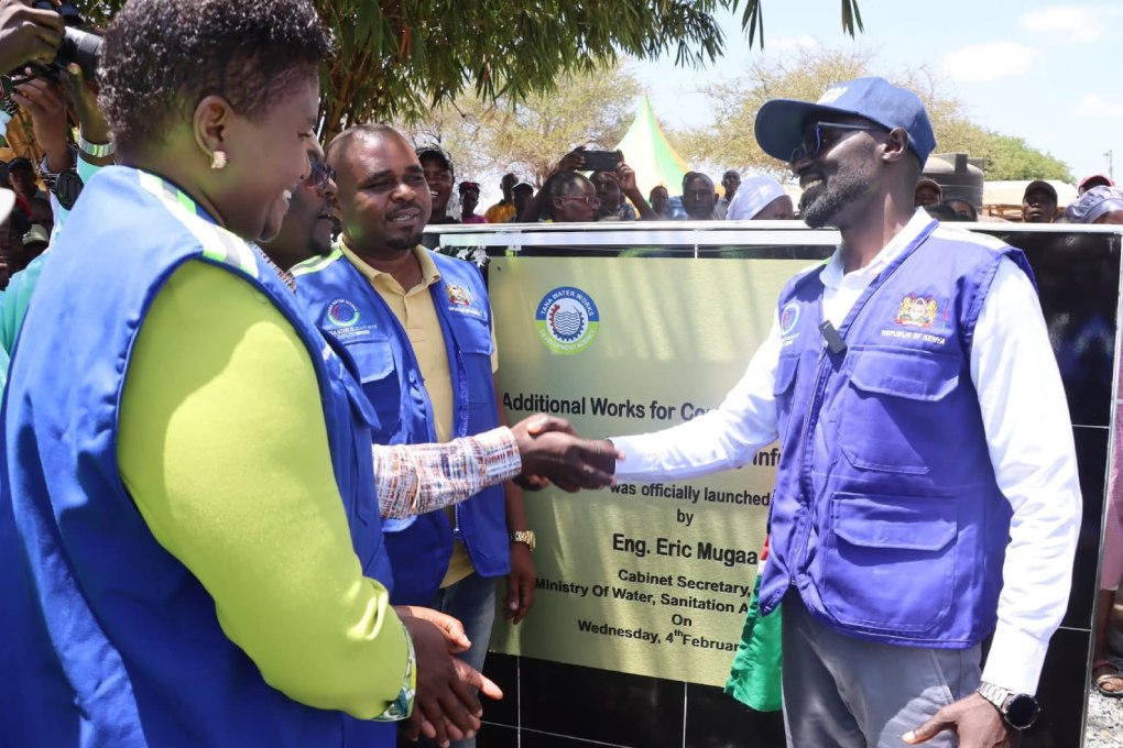 Water, Sanitation and Irrigation Cabinet Secretary Eric Mugaa (left) in Kathwana during the launch of the Sh230 million Kirege–Kaanwa–Kajuki–Kaareni–Kathwana Water Project