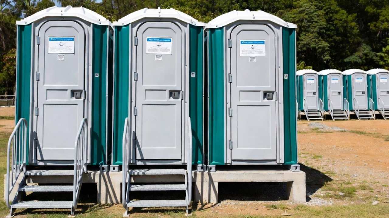 Portable toilet cabins.