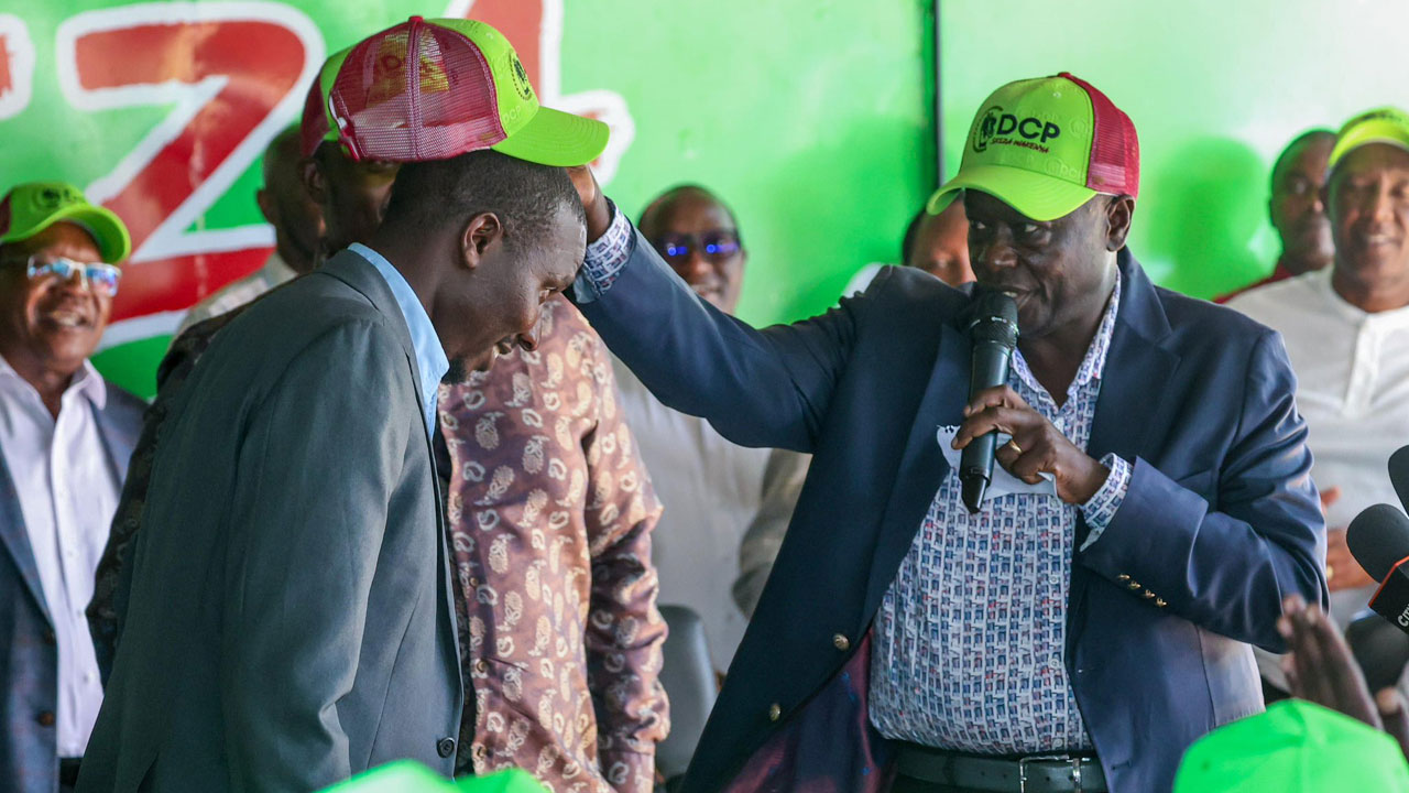 Former Deputy President Rigathi Gachagua (right) unveiling Vincent Kibet Rotich as Emurua Dikirr MP candidate on the DCP PARTY ticket.Former Deputy President Rigathi Gachagua (right) unveiling Vincent Kibet Rotich as Emurua Dikirr MP candidate on the DCP PARTY ticket.
